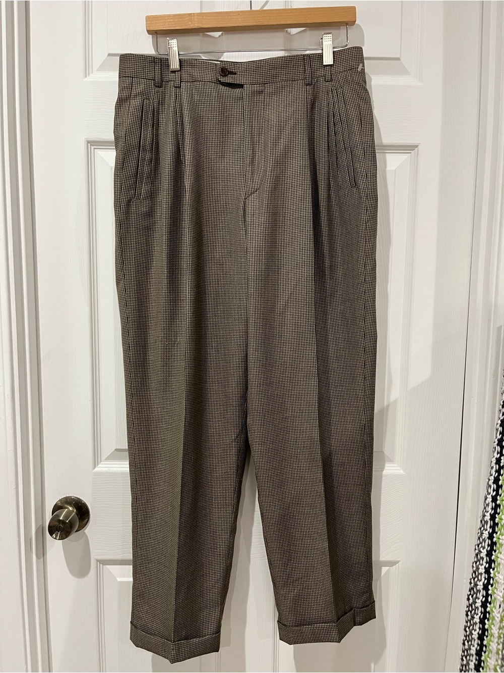 Zanella Brown Men’s Sz32 Silk, Virgin Wool Houndstooth Pleated Dress Pants